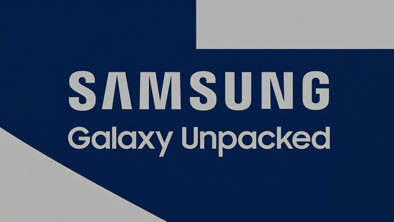Samsung Galaxy Unpacked logo on a blue background.