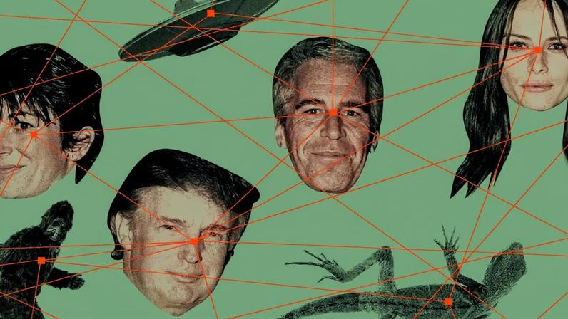 Photo collage of red lines connecting Jeffrey Epstein to Donald Trump, Melania Trump, and Ghislaine Maxwell, along with a UFO, lizard, and Bigfoot.