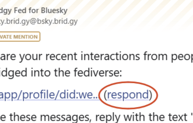A screenshot of Bridgy Fed’s new DM notification response tool.
