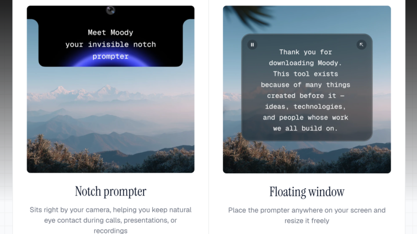 Moody teleprompter app shown both in the notch on a Mac, next to the camera and as a floating window.