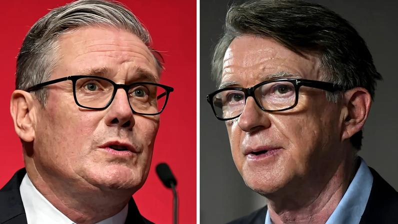 This combination of photos shows British Prime Minister Keir Starmer (left) delivering his keynote address at the annual Labour Party conference in Liverpool, England, on Sept. 30, 2025, and then-British Labour Party politician Peter Mandelson (right) attending the second day of the annual Labour Party conference in Brighton, England, on Sept. 26, 2021.