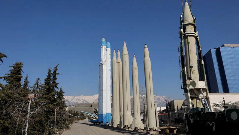 Iranian missiles are displayed in a park in Tehran