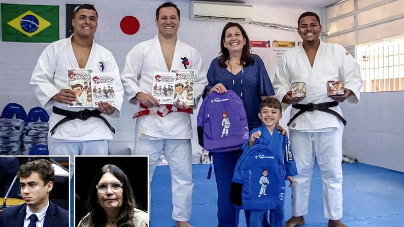 Bancada do Camilo. Os deputados Nikolas Ferreira e Bia Kicis aprovaram o envio de dinheiro para a ONG do judoca. Sem verba pública, o instituto não sobreviveria – Imagem: Redes Sociais Instituto Tiago Camilo, Zeca Ribeiro/Agência Câmara e Vini Loures/Agência Câmara