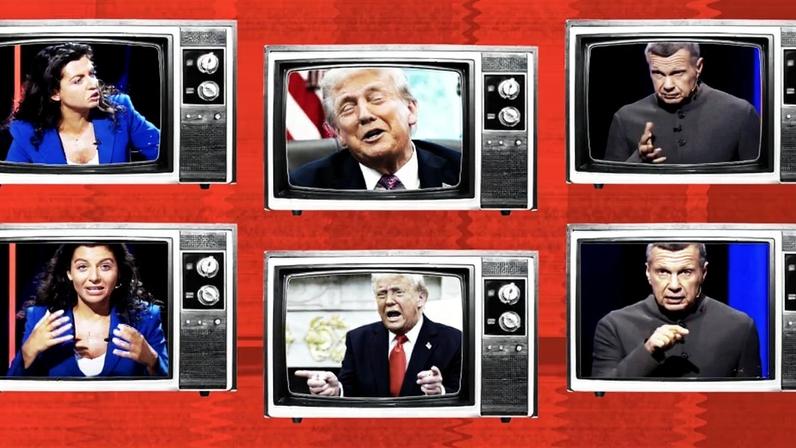 A grid of six TV screens shows show hosts gesturing and Donald Trump smiling and gesturing.