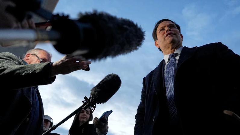 U.S. Secretary of State Marco Rubio speaks to reporters before boarding his plane at Joint Base Andrews, Maryland, U.S., en route to the Munich Security Conference, February 12, 2026. Alex Brandon/Pool via REUTERS