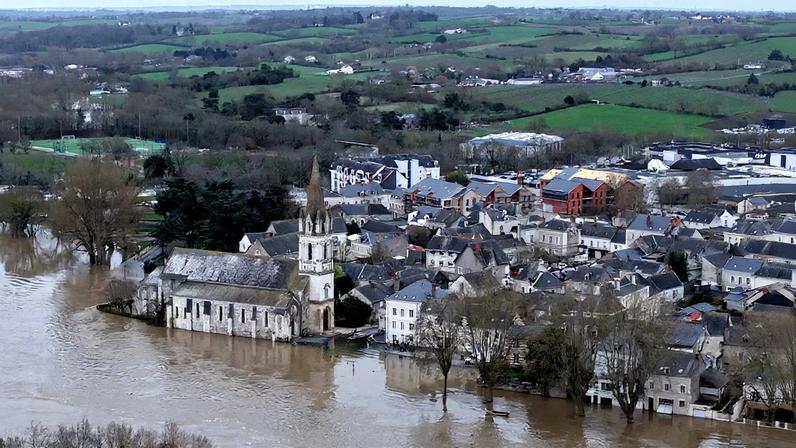 A drone view shows a flooded area as the River Loire overflows in Chalonnes-sur-Loire near Angers in the Maine et Loire department, after months of rainfall that caused flooding in western France, February 17, 2026.