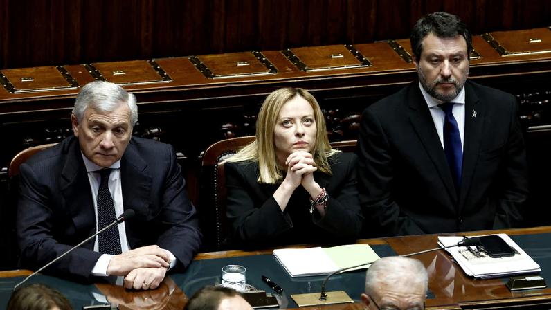 Italian Prime Minister Giorgia Meloni, Foreign Minister Antonio Tajani, Deputy Prime Minister Matteo Salvini and members of the Parliament attend a commemoration for Pope Francis during a joint session of the Italian parliament in Rome, Italy, April 23, 2025.