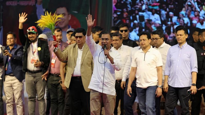 Bangladesh Nationalist Party (BNP) chairman Tarique Rahman attends an election campaign rally, ahead of the national election, at Jatrabari in Dhaka