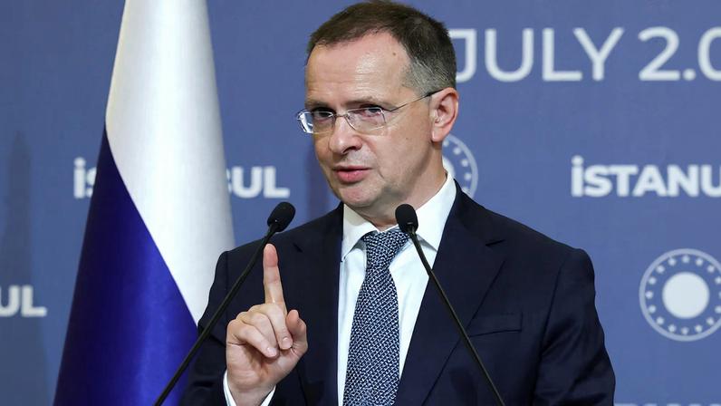Russia's presidential aide Vladimir Medinsky speaks during a press conference on the day of the third round of peace talks between Russia and Ukraine, in Istanbul, Turkey, July 23, 2025.