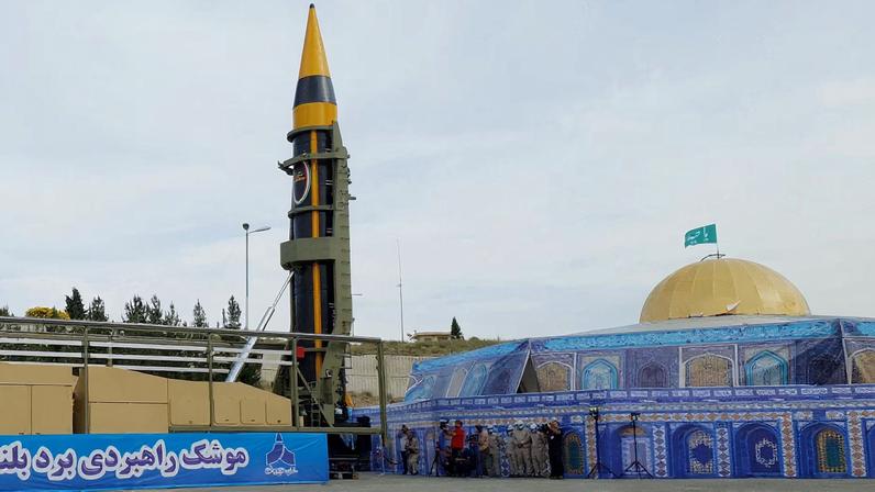 A new surface-to-surface ballistic missile called Khaibar with a range of 2,000 km, unveiled by Iran, is seen in Tehran, Iran, May 25, 2023.WANA (West Asia News Agency) via REUTERS