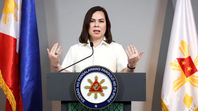 Philippine Vice President Sara Duterte delivers a statement following her impeachment by the lower house of the Congress, in her office at Mandaluyong City, Metro Manila, Philippines, February 7, 2025. REUTERS/Eloisa Lopez/ File Photo