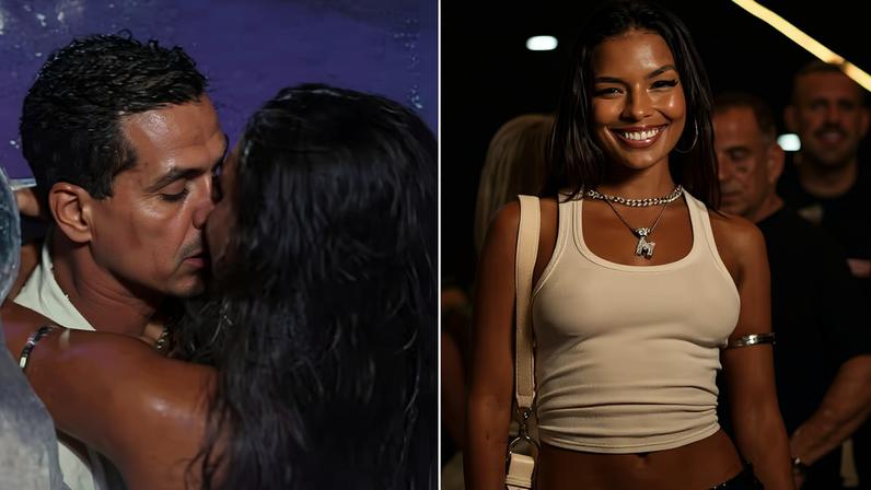 Mell Muzzillo e Marcello Mello Jr. trocam beijão debaixo de chuva na Sapucaí — Foto: Divulgação
