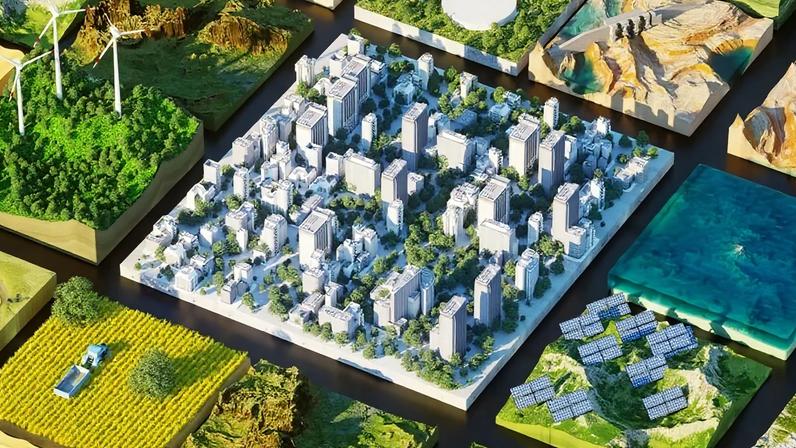 Infográfico de centro urbano conectado com diversos ambientes industriais
