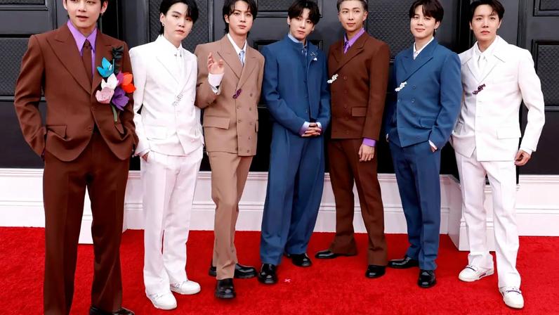 V, Suga, Jin, Jungkook, RM, Jimin and J-Hope of BTS attend the 64th Grammys on April 03, 2022 in Las Vegas, NV.