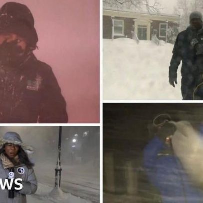 Repórteres de TV dos EUA enfrentam neve durante grande tempestade na costa leste