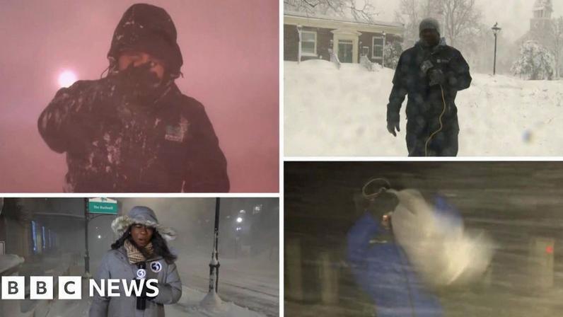 A screen spit in four with four reporters standing in snowy conditions with winter coats on.
