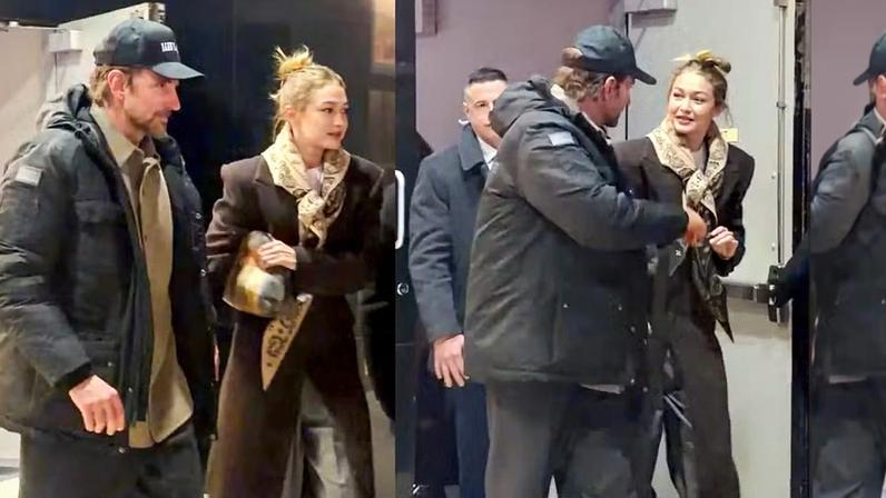Gigi Hadid e Bradley Cooper saindo do DGA Theatre