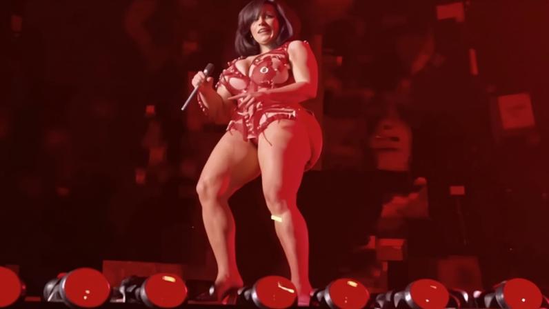 Cardi B suffered a nasty fall off of a chair during her “Little Miss Drama” tour in Las Vegas Friday night.