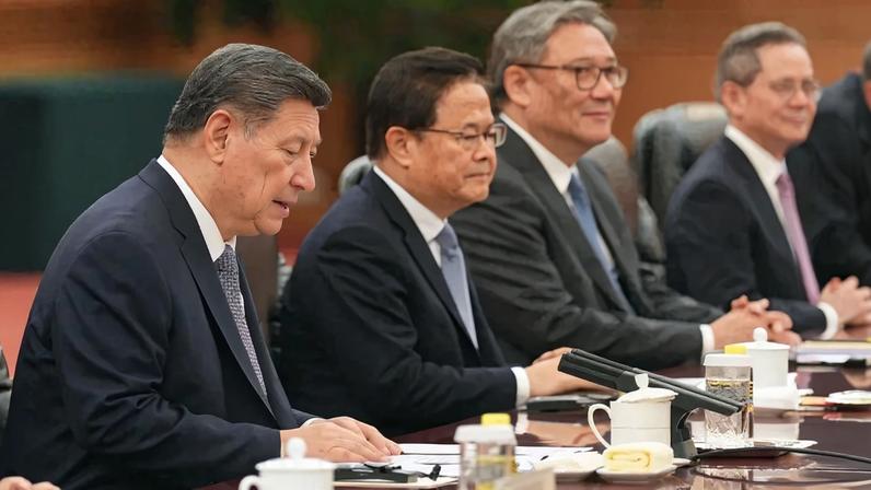 Chinese President Xi Jinping speaks during a meeting with British Prime Minister Keir Starmer (not pictured) at the Great Hall of the People in Beijing.