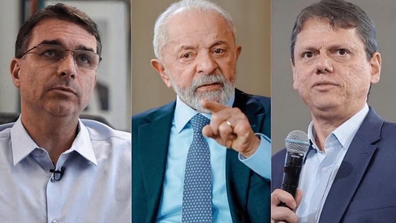Dá esq. para dir., Flávio Bolsonaro (PL), Lula (PT) e Tarcísio de Freitas
