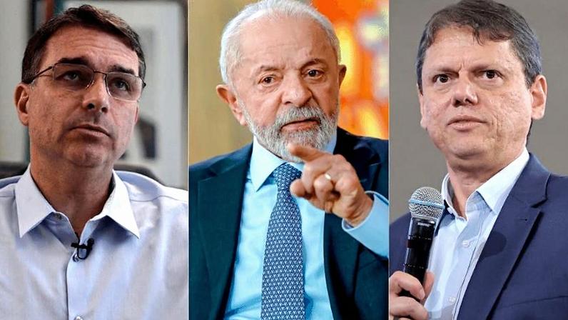 Dá esq. para dir., Flávio Bolsonaro (PL), Lula (PT) e Tarcísio de Freitas