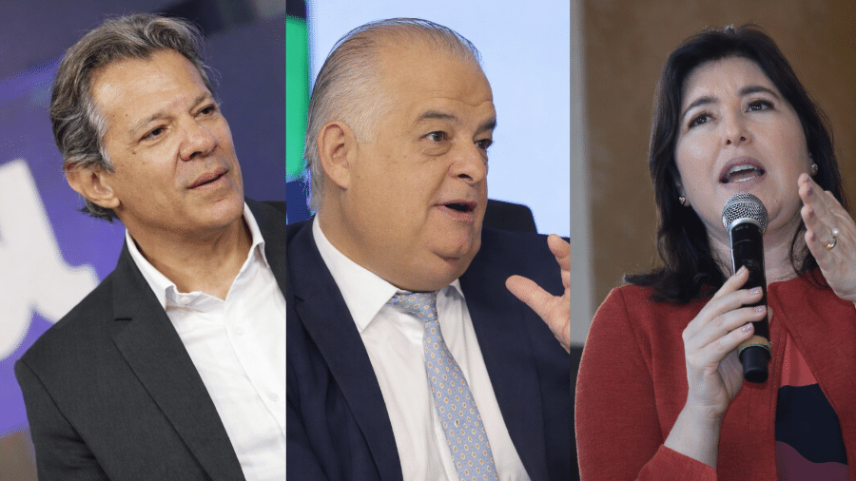 Da esquerda para a direita: Os ministros Fernando Haddad (Fazenda), Márcio França (Empreendedorismo) e Simone Tebet (Planejamento)