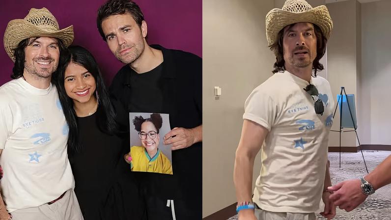 Mile Moreira posa com foto da irmã Milena com elenco de 'The Vampire Diares' — Foto: Reprodução/Instagram