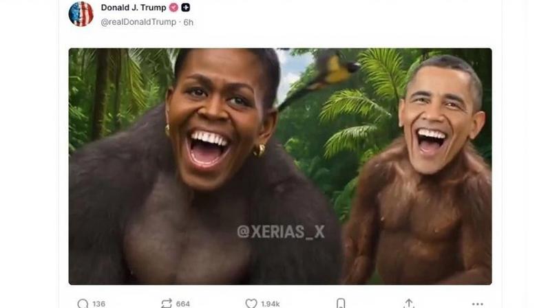 Donald Trump usou sua rede social para publicar vídeo com teoria da conspiração que põe os rostos de Michelle Obama e de Barack Obama em corpos de macacos