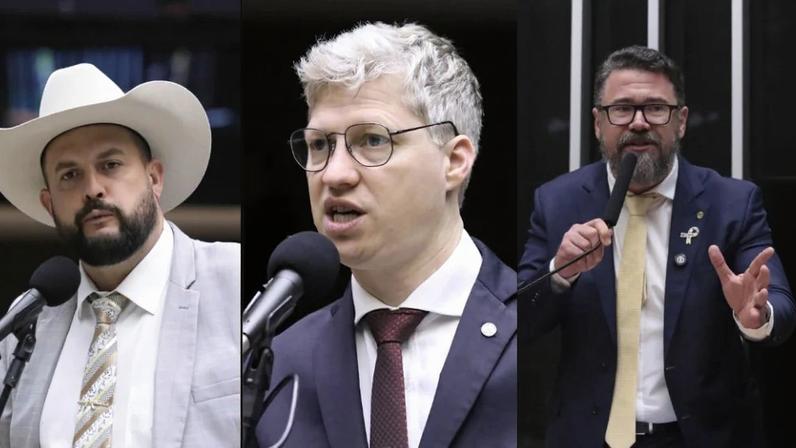 Os deputados Marcos Pollon (PL-MS); Marcel van Hattem (Novo-RS); e Zé Trovão (PL-SC) — Foto: Kayo Magalhães/ Bruno Spada/Câmara dos Deputados