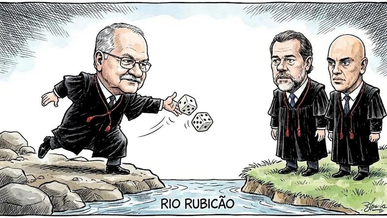 A permanência de Dias Toffoli na relatoria do processo, à revelia do Código de Processo Civil e do bom senso (e do Código de Ética que Cármen deveria correr para escrever), é a fronteira que o presidente do STF precisa decidir se ousa cruzar (Foto: Imagem criada utilizando Gemini/Gazeta do Povo)