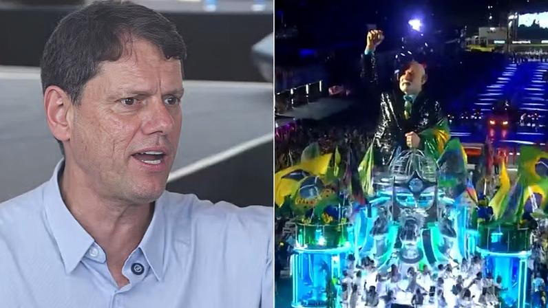 Governador de São Paulo, Tarcísio de Freitas, comemorou rebaixamento de escola de samba que homenageou o presidente Lula na Sapucaí — Foto: Reprodução/TV Globo
