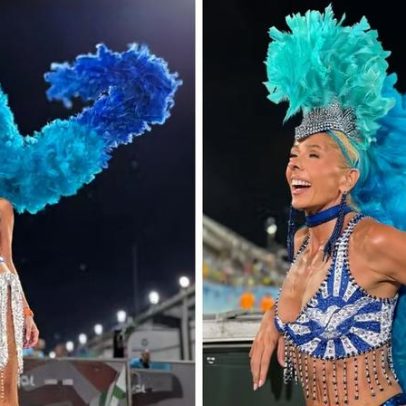 Adriane Galisteu desfila samba no pé como musa da Portela na Sapucaí