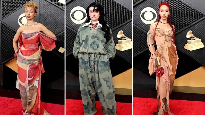An image collage containing 3 images, Image 1 shows PinkPantheress on the red carpet at the 68th GRAMMY Awards, Image 2 shows Lola Young attends the 68th GRAMMY Awards, Image 3 shows FKA Twigs wearing a flowing beige and brown dress and carrying a red flower and green book at the 68th GRAMMY Awards