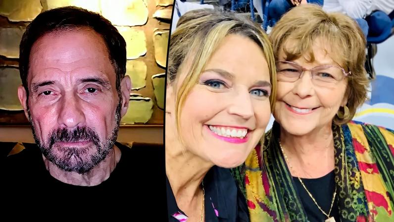 Savannah Guthrie and her mom smiling and walking with an umbrella in New York City.