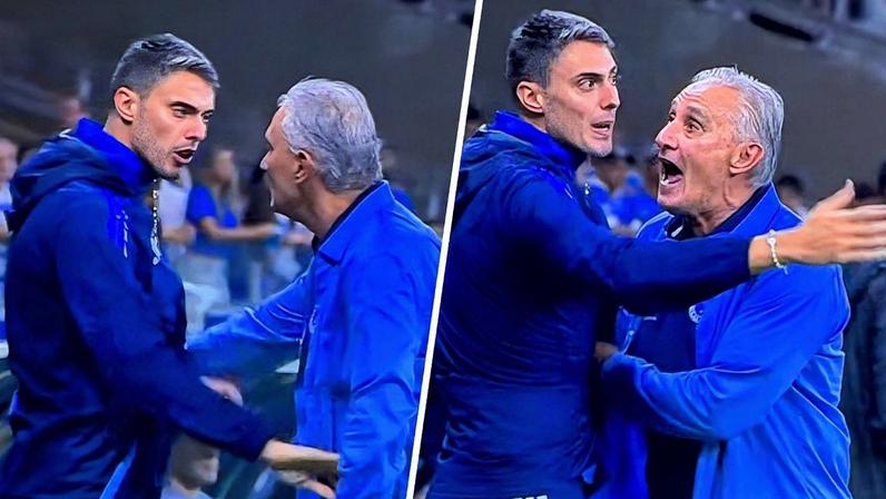 Tite discute com Matheus Bachi durante vitória do Cruzeiro sobre o América-MG