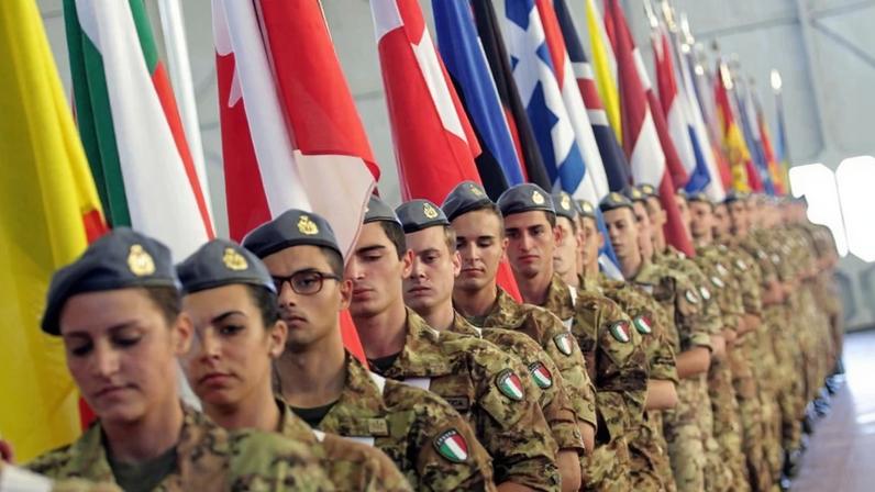 Italian soldiers attend the opening ceremony of NATO's large scale exercise Trident Juncture at the Italian Air Force Base in Trapani, Sicily in 2015.