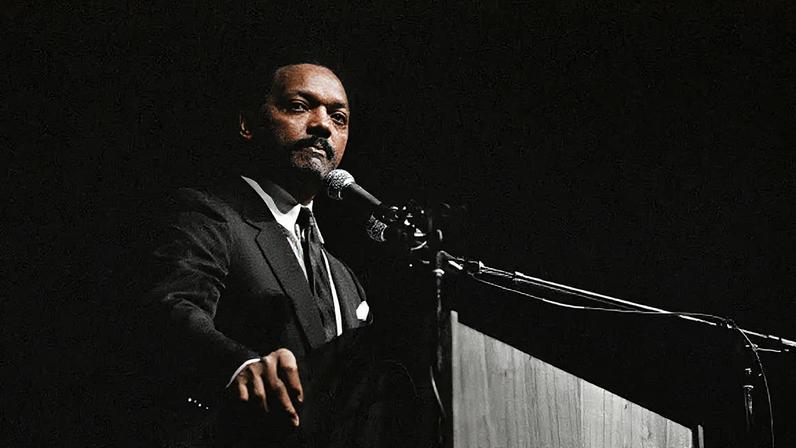 Reverend Jesse Jackson speaking to a Democratic gathering at the Cheyenne Civic Center on April 20, 1989.