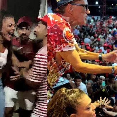 Juliana Paes chega à Viradouro, dança e levanta troféu com Mestre Ciça