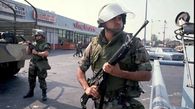 Members of the U.S. National Guard patrol in Los Angeles in 1992. Peter Turnley/Corbis/VCG via Getty Images