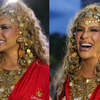 Lore Improta, grávida, usa look dourado em ensaio técnico da Viradouro na Sapucaí