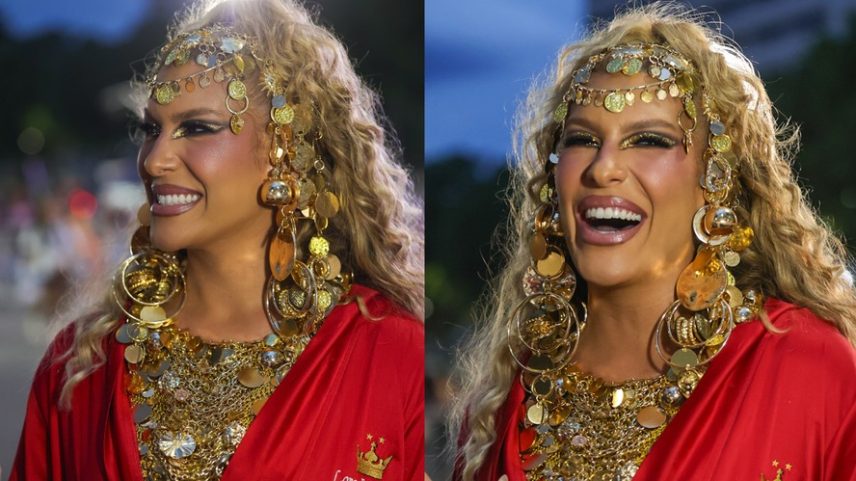 Lore Improta, grávida, usa look dourado em ensaio técnico da Viradouro na Sapucaí