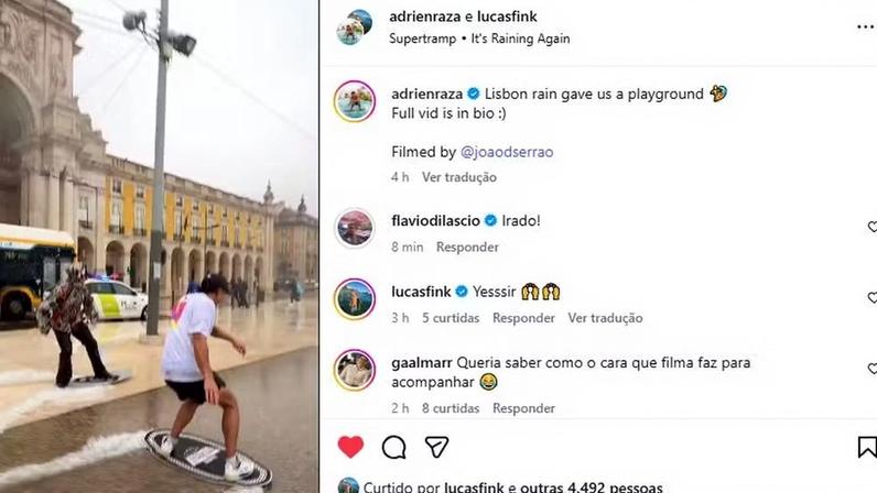 Lucas Fink faz skimboard na Praça do Comércio, em Lisboa — Foto: Reprodução/Instagram