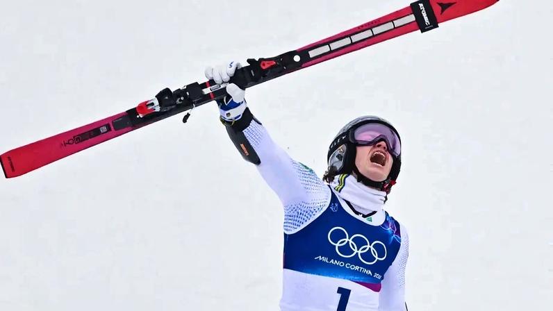 Lucas Pinheiro Braathen reage após a segunda descida do slalom gigante masculino nos Jogos Olímpicos de Inverno 2026. (Foto: Fabrice Coffrini/AFP)