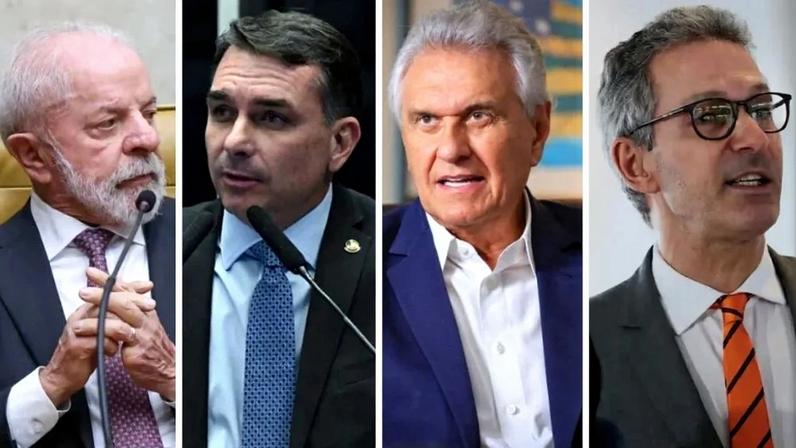 O presidente Lula (PT), o senador Flávio Bolsonaro (PL), o governador de Goiás, Ronaldo Caiado (PSD) e o governador mineiro Romeu Zema (Novo). Fotos: Gustavo Moreno/STF, Carlos Moura/Agência Senado, Divulgação e Marcello Casal Jr/Agência Brasil