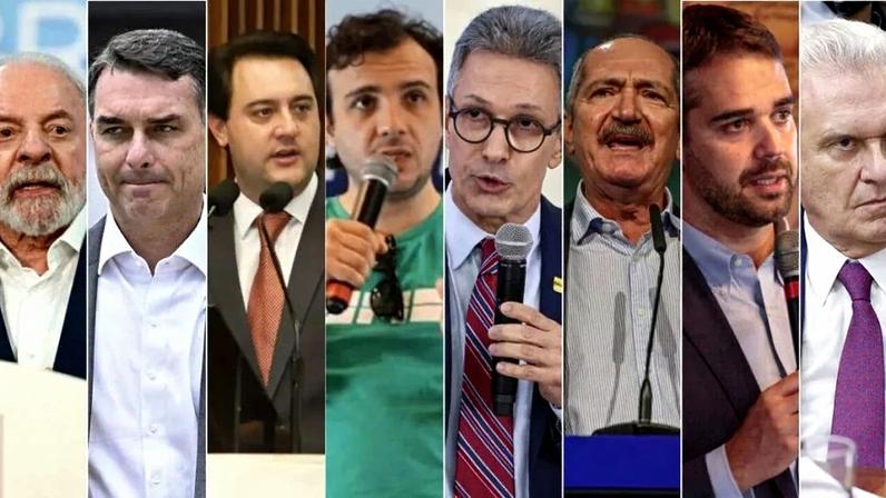 Lula, Flávio Bolsonaro, Ratinho Junior, Renan Santos, Romeu Zema, Aldo Rebelo, Eduardo Leite. Fotos: Ricardo Stuckert/PR, Ton Molina/AFP, Rodrigo Félix Leal/ANPr, Reprodução/Instagram, Marcelo Camargo/Agência Brasil, Jose Cruz/Agência Brasil, Gustavo Mansur/Palácio Piratini e Marina Ramos/Agência Câmara