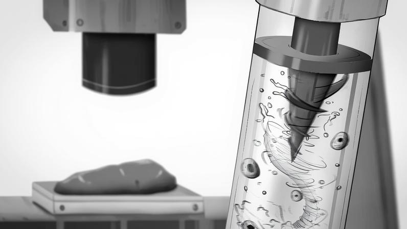 Black-and-white illustration of a propeller spinning in a MagMix device, which resembles a test tube. A benchtop characterization tool is in the background.