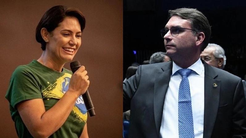 Montagem com fotos de Michelle e Flávio Bolsonaro