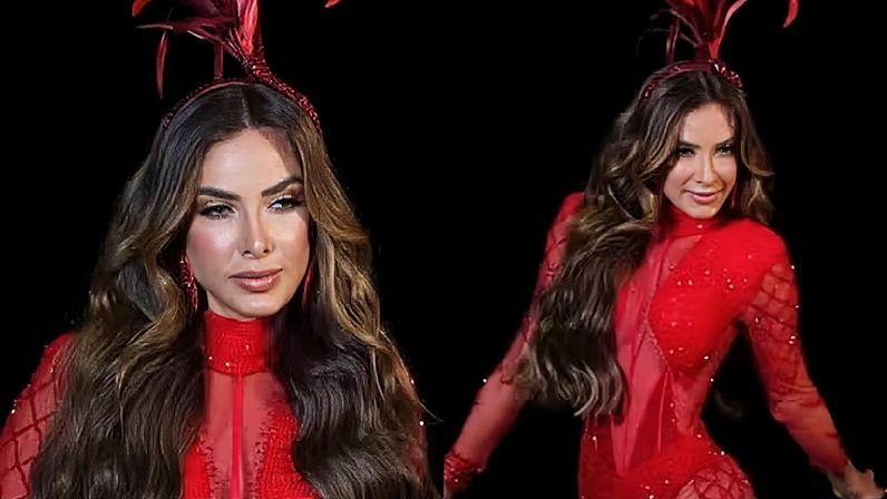 Nicole Bahls usa macacão transparente no último dia de folia