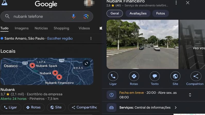 Google exibiu durante meses número de falsa central do Nubank — Foto: Reprodução