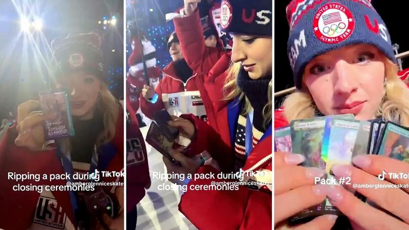 Amber Glenn opens MTG cards at the Olympics.